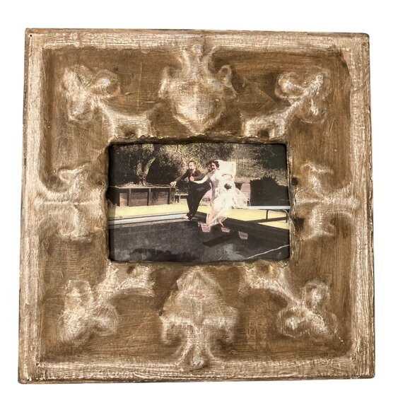 Vintage Distressed Embossed Metal On Wood Picture Frame - Picture 1 of 3